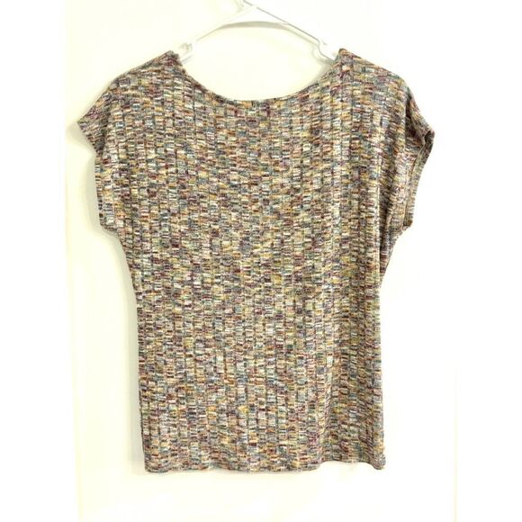 W5 ANTHROPOLOGIE Short Sleeve Multicolor Sweater Top W/  Knot Accent SZ M EUC - Picture 2 of 6